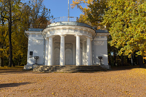 A white classical building with columns surrounded by autumn trees and fallen l, a Nature Photo by Textures & Backgrounds