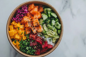 Healthy poke bowl with rice, vegetables, fresh meat or fish, a Food & Drink Photo by AlyaAnd