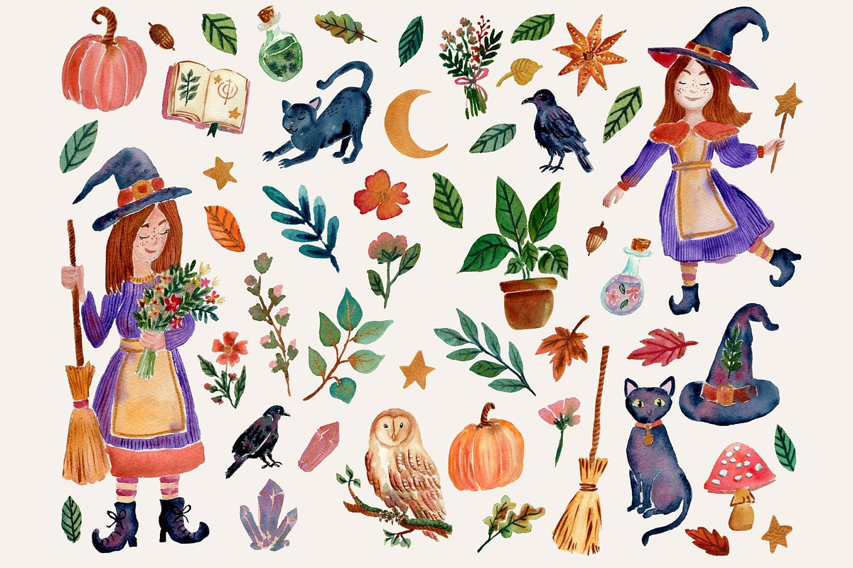 Cozy Autumn Witch Watercolor Clipart, a Seasonal Illustration by SandraGraphicDesign (Photo 2 of 5)