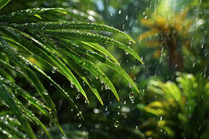 Rain drops on lush green palm leaves, a Photo by Pixeness Studio