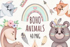 Watercolor Boho Animals Clipart