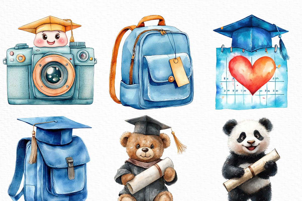Watercolor Cute Graduation Clipart, an Illustration by Craft Nest (Photo 3 of 6)