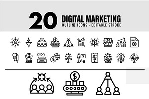 20 Digital Marketing Line Icon, an Outline Icon by khalwa.studio