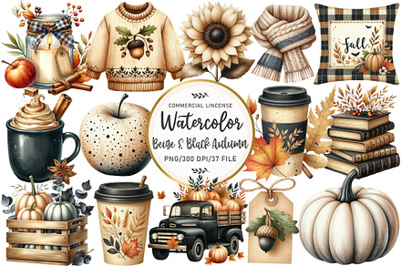 Beige & Black Autumn Clipart, an Illustration by OK Design