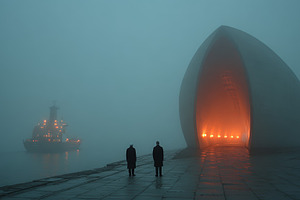 Two men stand in fog at a harbor facing an illuminated shell structure like a g, a Photo by AS photostudio