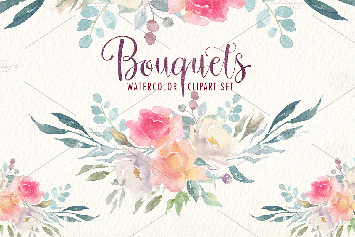 Watercolor bouquets clipart set, an Illustration by Art & Things (Photo 5 of 5)