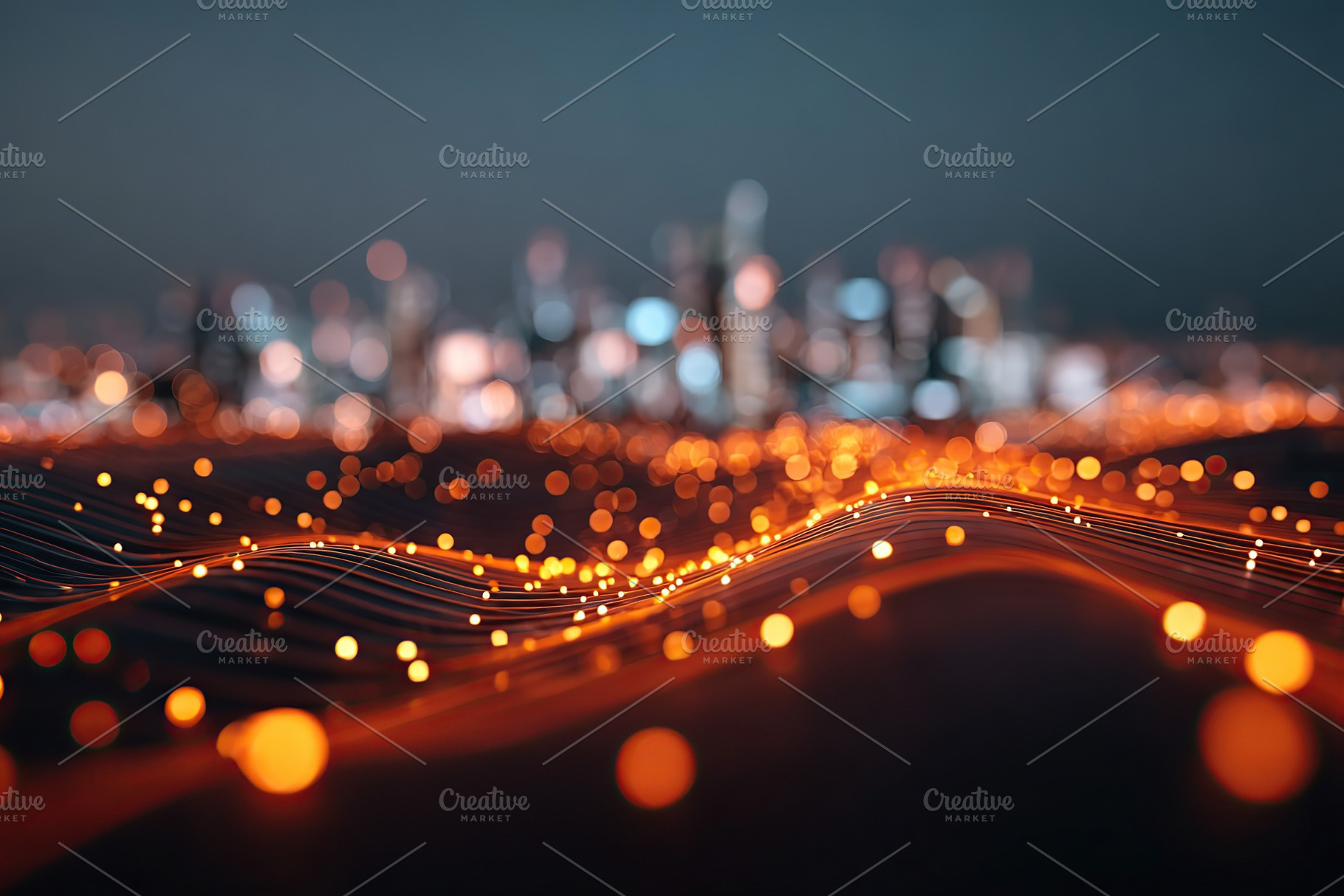Network visualization shows a web of interconnected data set against a city bac, a Technology Photo by AlyaAnd