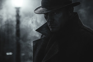 A mysterious dark-haired man in a fedora stands in shadow, illuminated by a str, a Person Photo by ImageMir