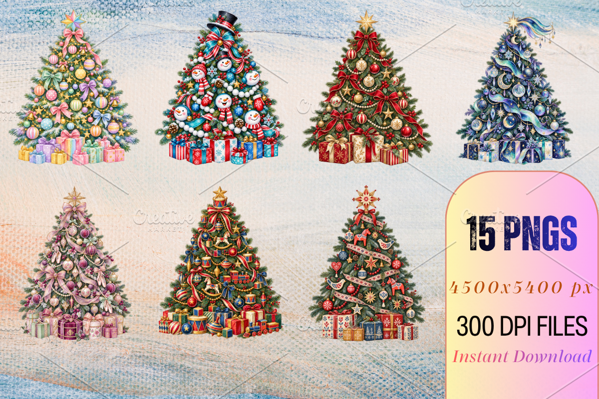Hand Painted Christmas Tree Bundle, a Seasonal Illustration by Ink Gallery (Photo 4 of 11)