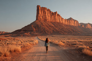 Woman walking desert road majestic s, a Photo by Pixeness Studio