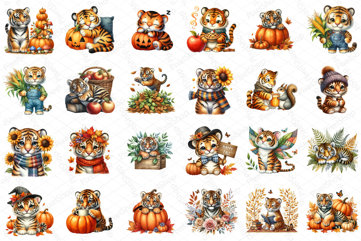 Watercolor Autumn Tiger Clipart Bund, an Illustration by DreamPrint404 (Photo 6 of 6)