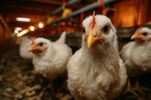 Group of chickens in a poultry farm under warm lighting conditions, a Photo by AS photostudio