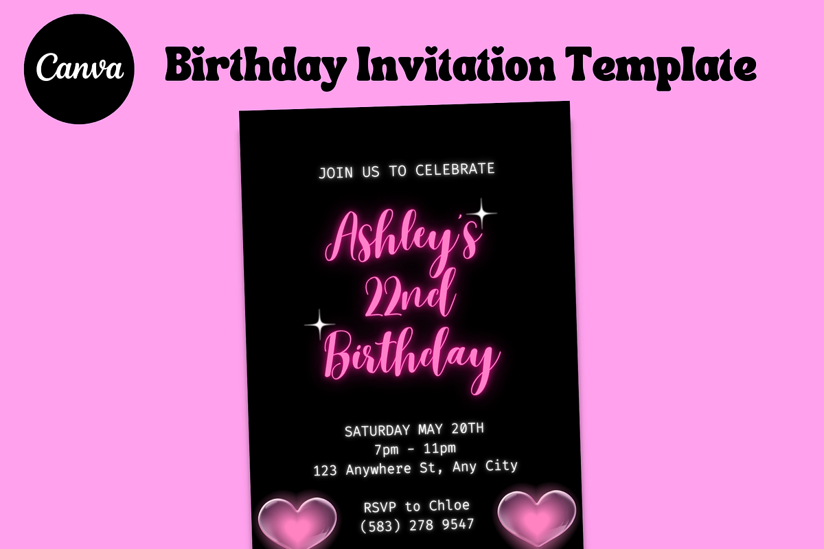 NEON PINK Party Invitation Template, an Invitation Template by PLANETSEL (Photo 1 of 4)