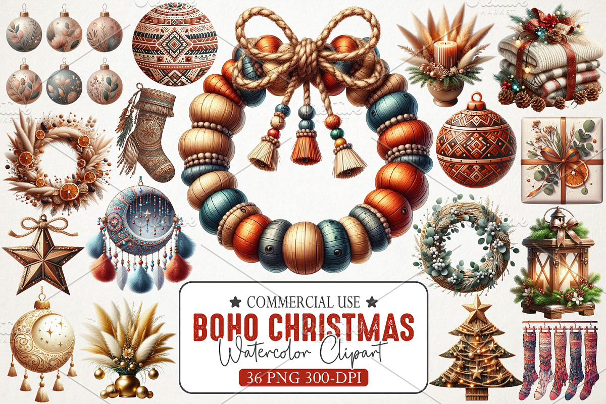 Boho Christmas Decor Clipart, an Illustration by RobertsArt (Photo 1 of 7)