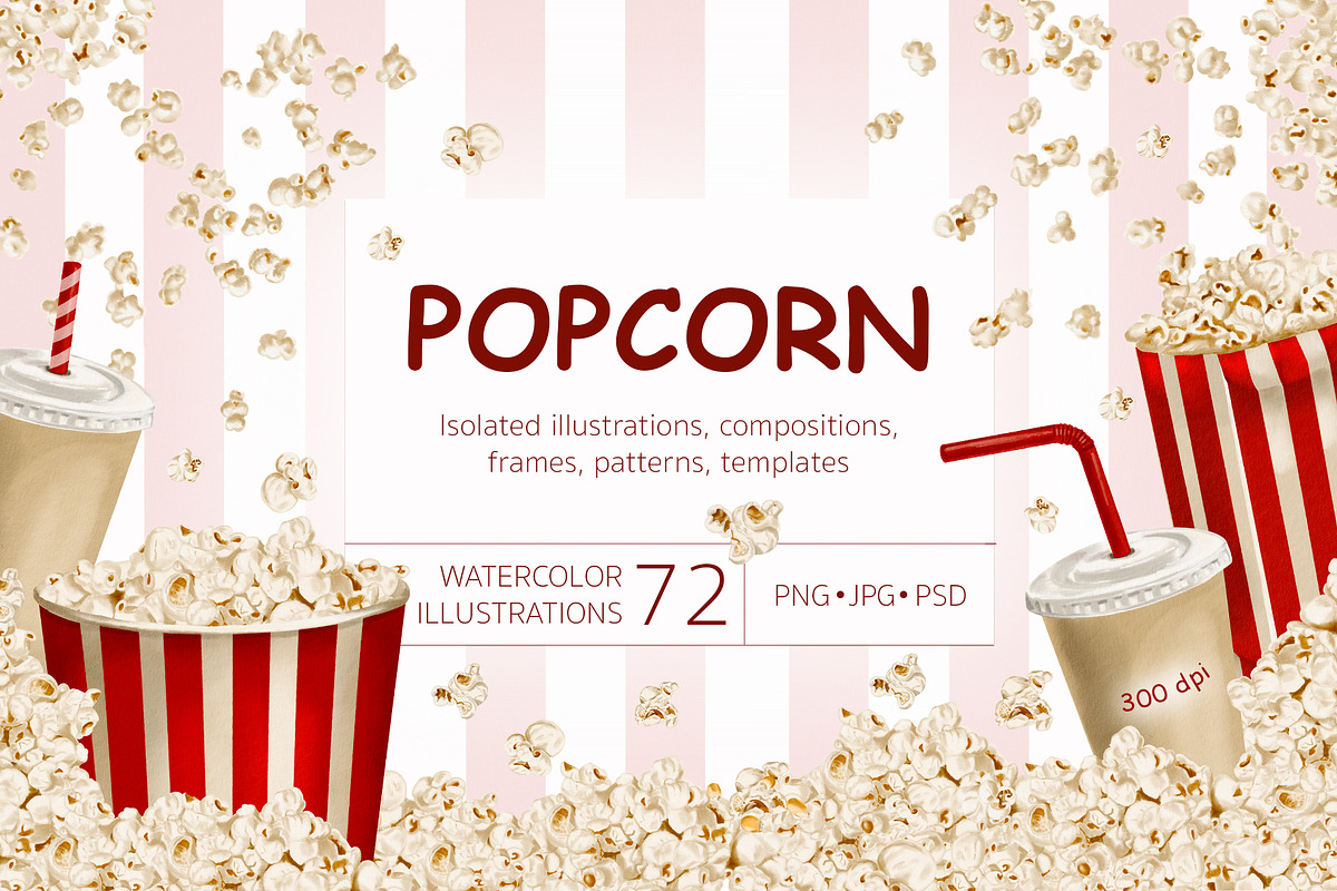 Popcorn watercolor clipart, a Food Illustration by Alena Sid (Photo 1 of 13)