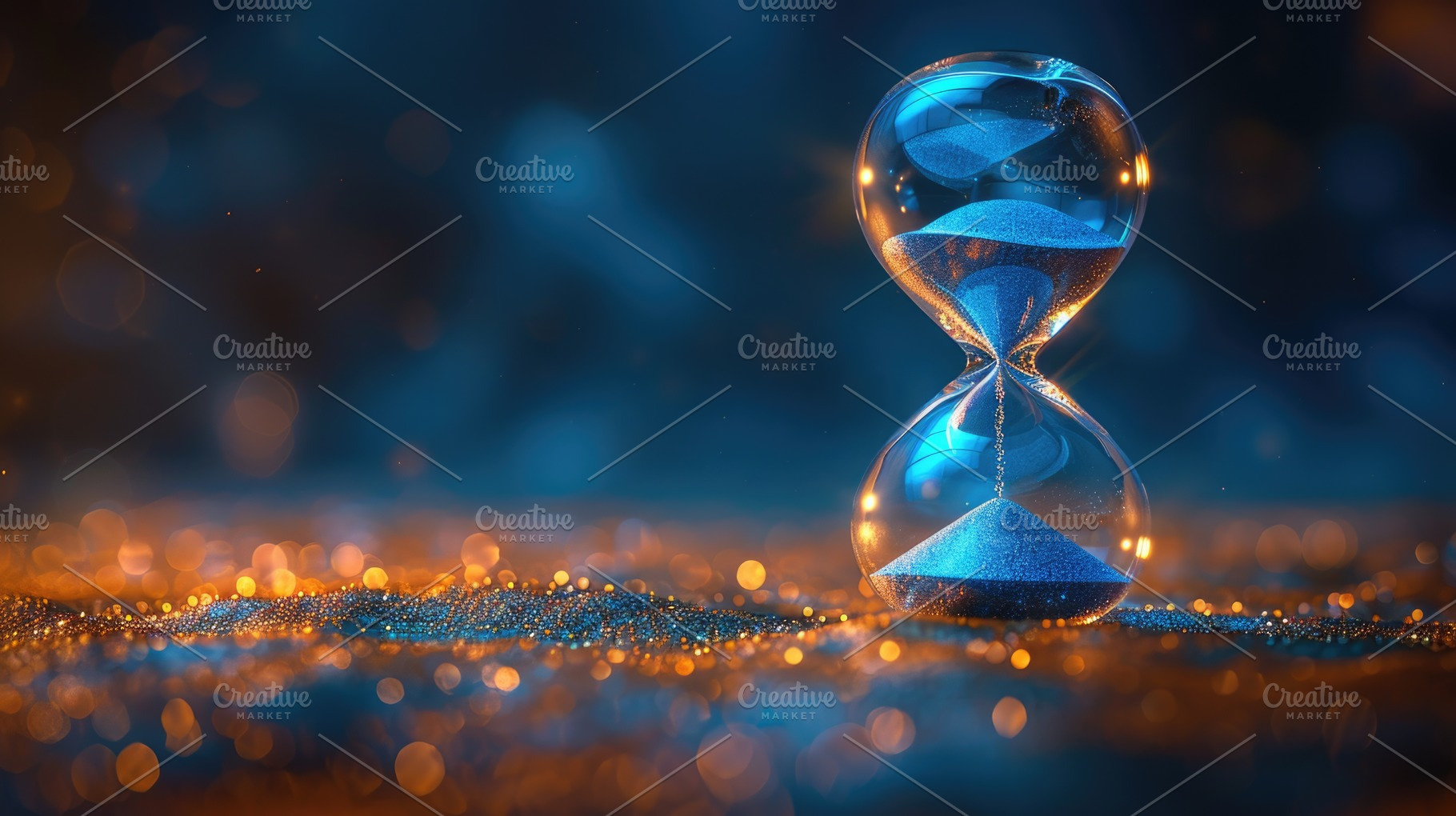Glowing hourglass with blue sand and golden bokeh light on dark, an Abstract Photo by José Manuel Gelpi