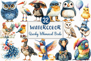 Watercolor Quirky Whimsical Birds, an Illustration by Craft Nest
