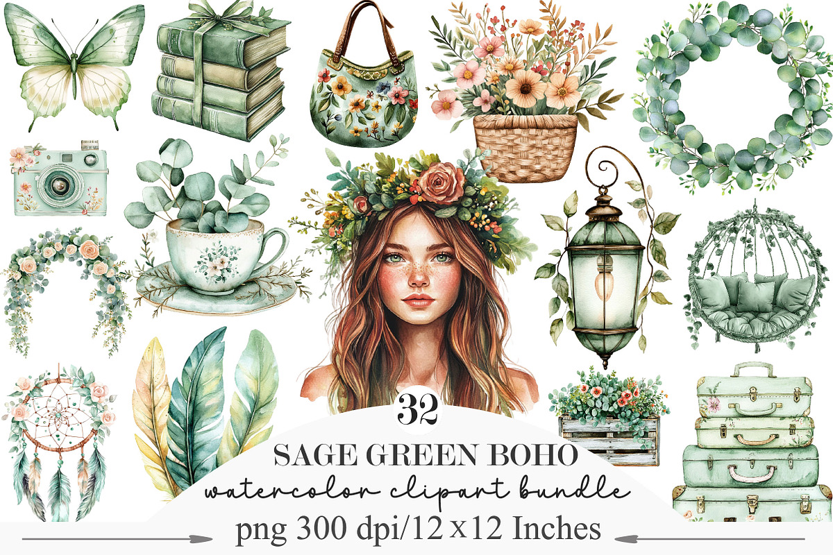 Watercolor Sage Green Boho Life Clip, an Illustration by Designking (Photo 1 of 5)