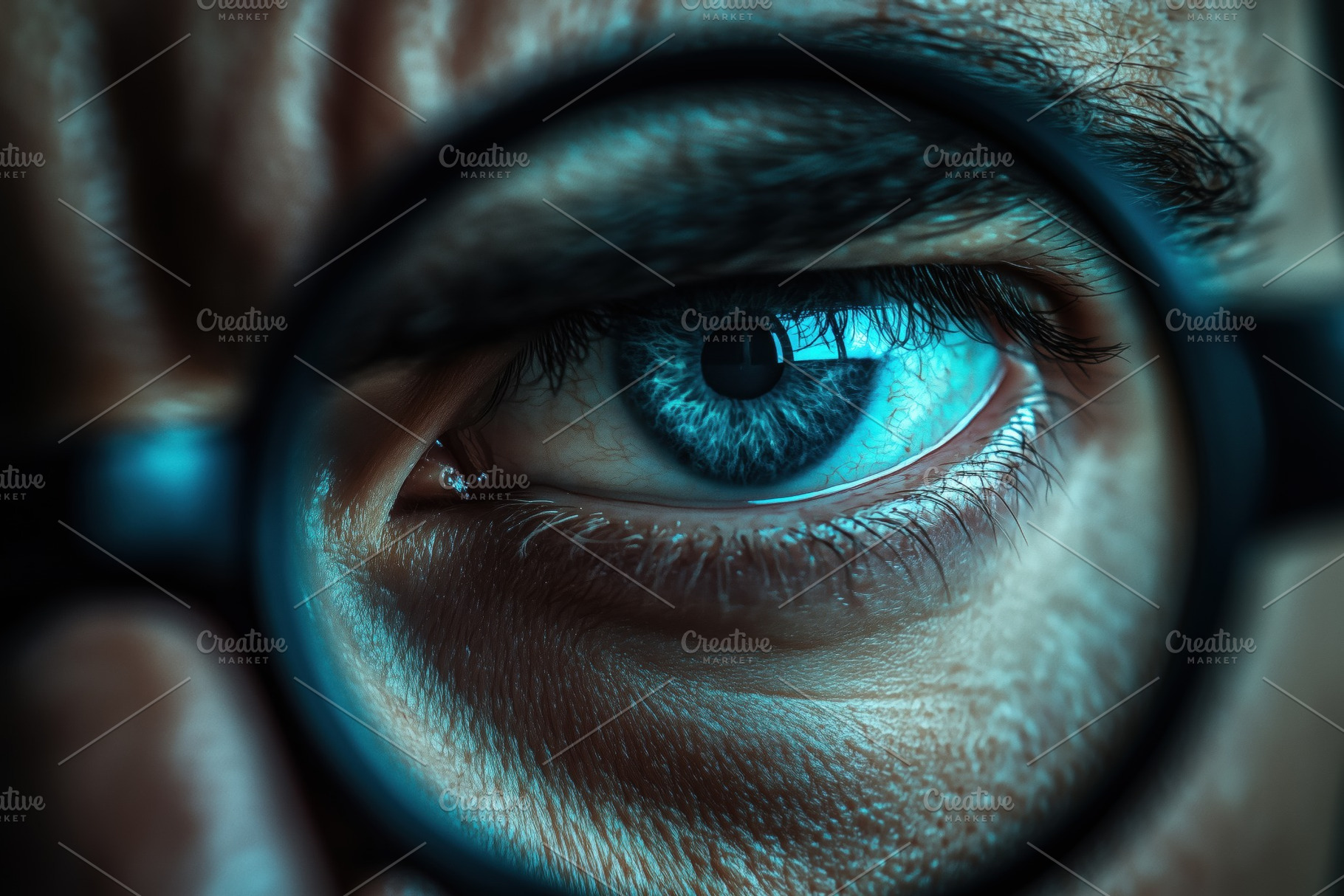 Close-up of a person's profiler eye seen through a magnifying glass, showcasing, a Person Photo by Textures & Backgrounds
