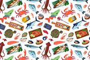 Seafood, fish set + seamless pattern, a Food Illustration by PaperTrident (Thumbnail 2 of 3)