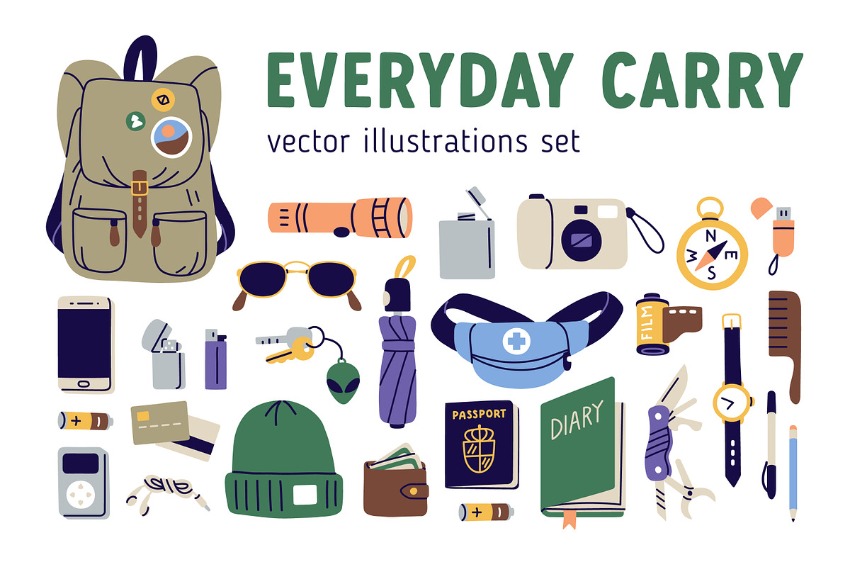 Travel or everyday carry stuff set, an Object Illustration by Good Studio