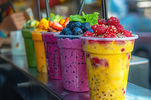Colorful row of fruit smoothies on a, a Food & Drink Photo by Pixeness Studio