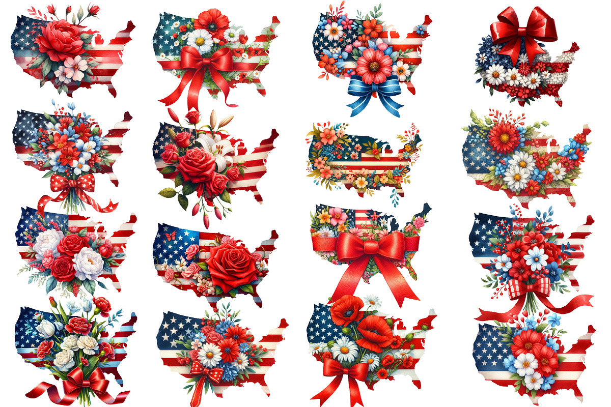 4th of July Floral USA State Map, an Illustration by Designworld (Photo 2 of 4)