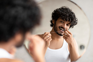 Toothcare concept. Bearded indian man using teeth floss caring for oral hygiene, a Person Photo by Prostock-Studio
