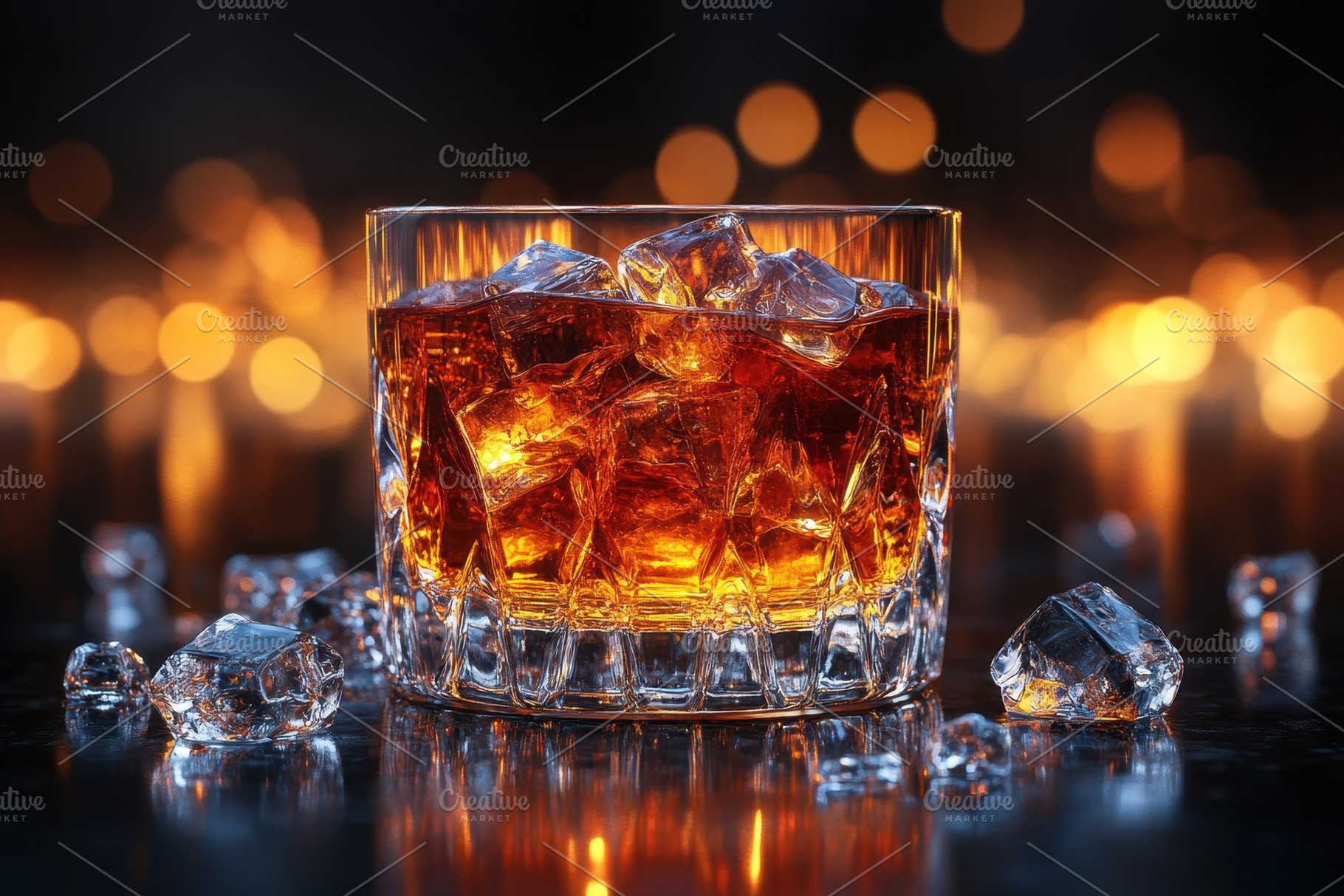 Glass of whiskey with ice cubes surr, a Photo by Tanuart