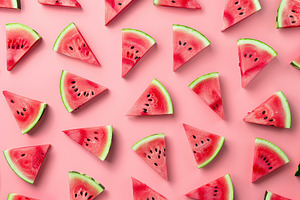 Pattern of fresh watermelon slices on pink background, a Food & Drink Photo by AlyaAnd
