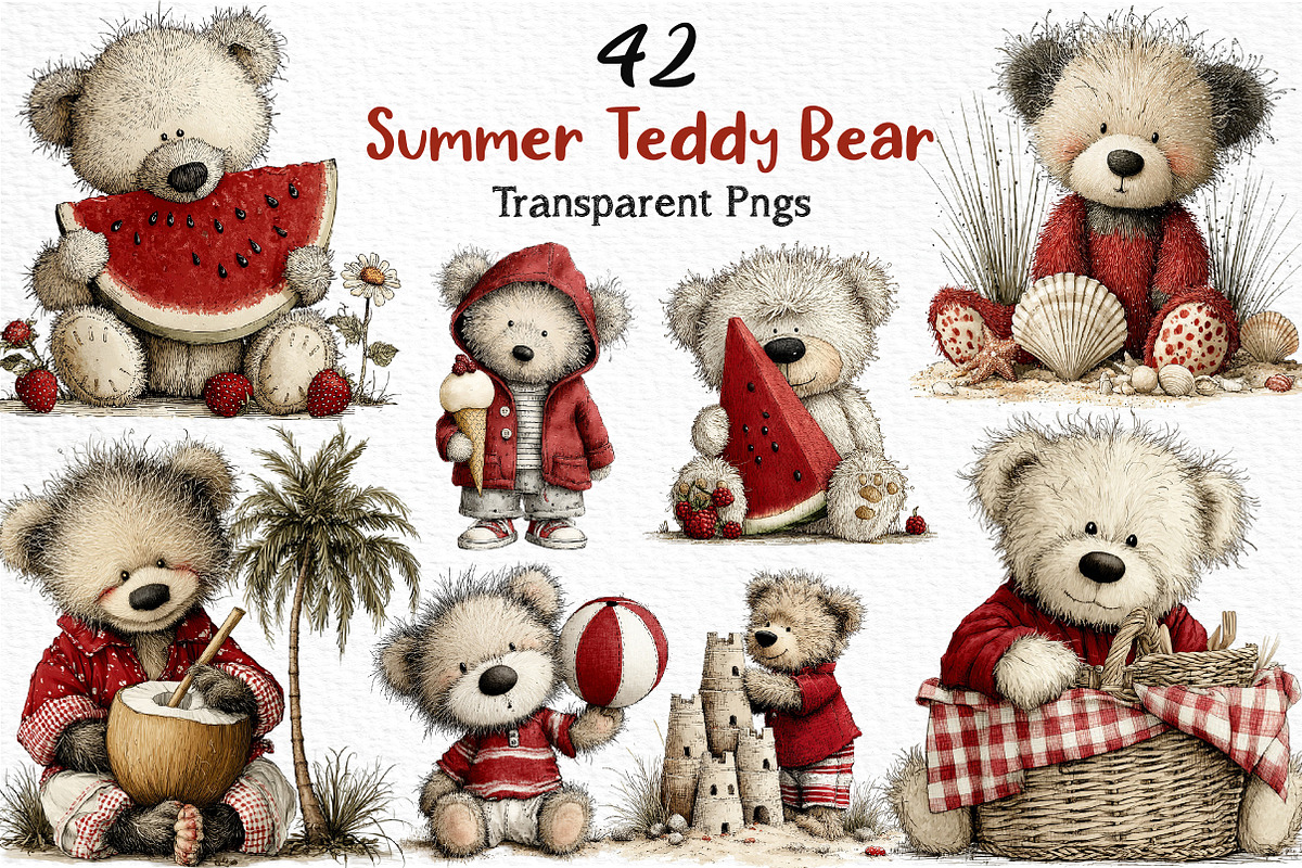 Whimsical Summer Teddy Bear Clipart, an Illustration by Craft Nest (Photo 1 of 11)