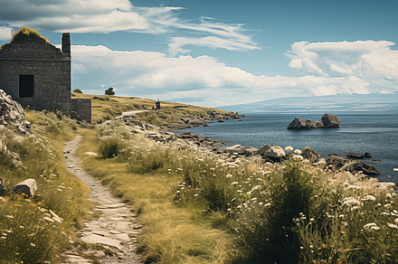 A scenic coastal path with an old stone building and rocky shoreline under a pa, a Nature Photo by Textures & Backgrounds