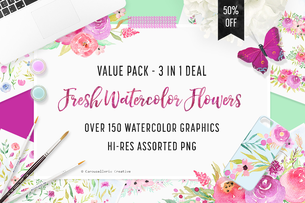 3 IN 1 PACK - Watercolor Flowers, an Illustration by Carousellerie Creative (Photo 1 of 10)