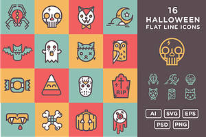 16 Halloween Flat Line Icons
