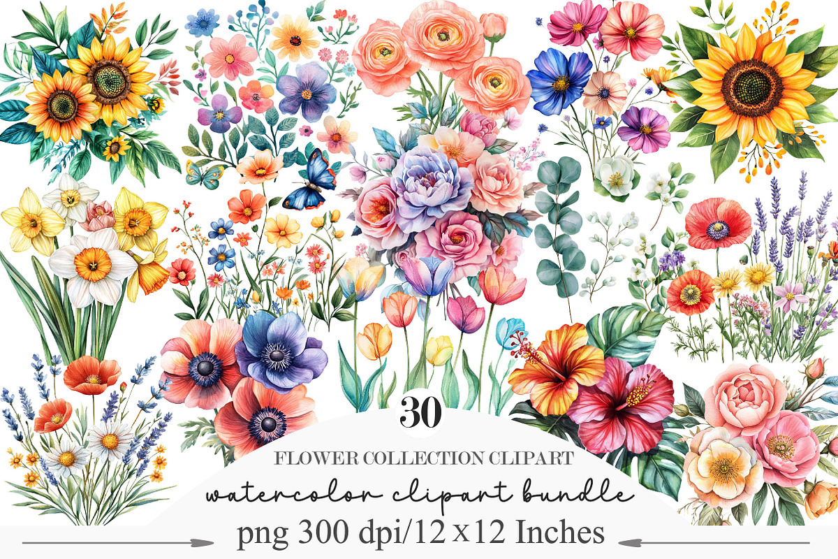 Watercolor Flower Collection Clipart, an Illustration by Designking (Photo 1 of 5)