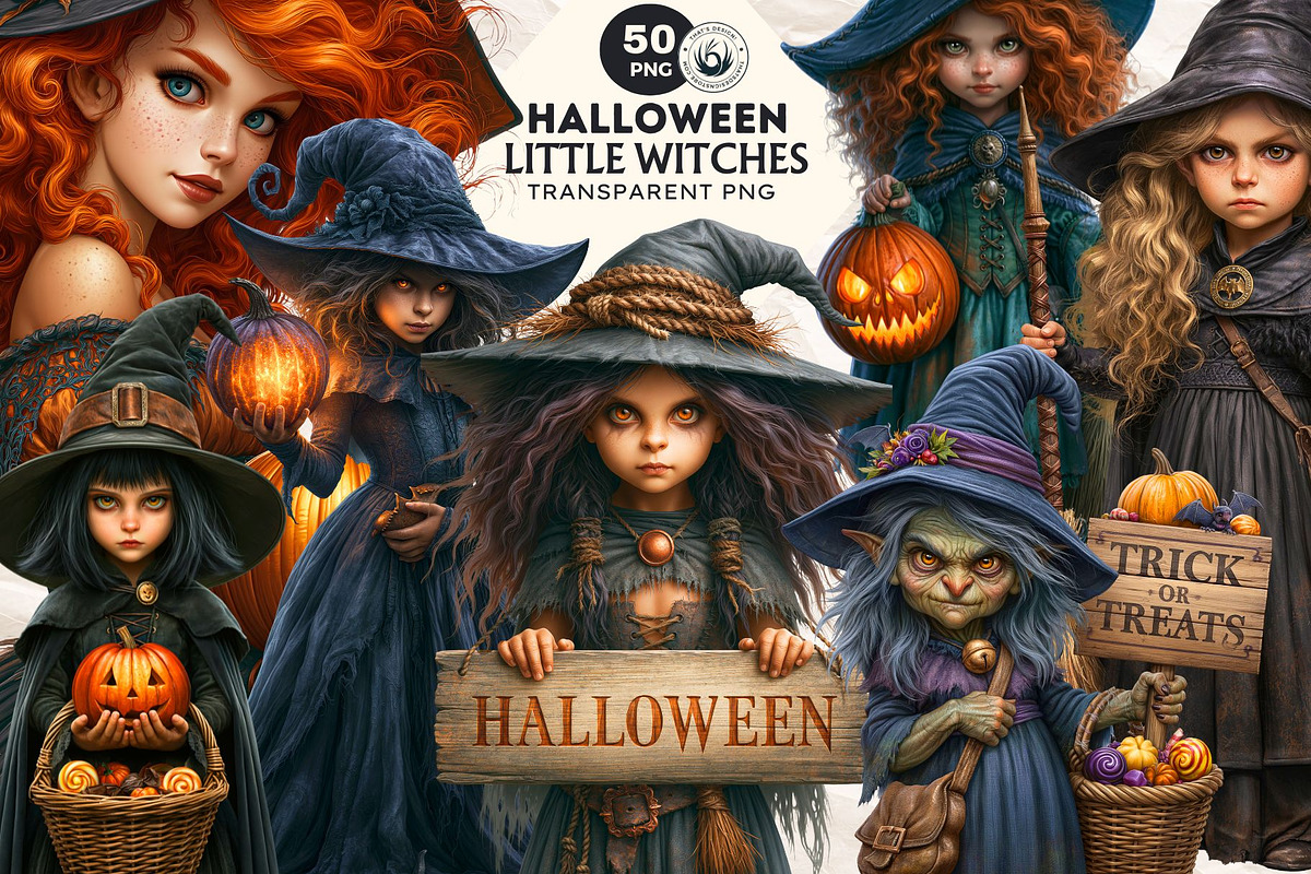 Halloween Little witches Cliparts, a Seasonal Illustration by ThatsDesignArt (Photo 1 of 17)