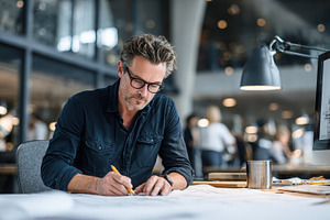 Architect Designing Blueprint Modern, a Photo by Pixeness Studio