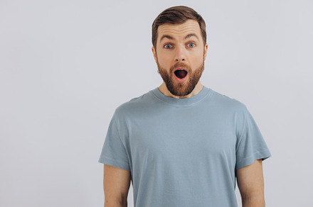 Portrait of a modern bearded middle-aged man in a blue t-shirt s, a Person Photo by Cherkas Photography