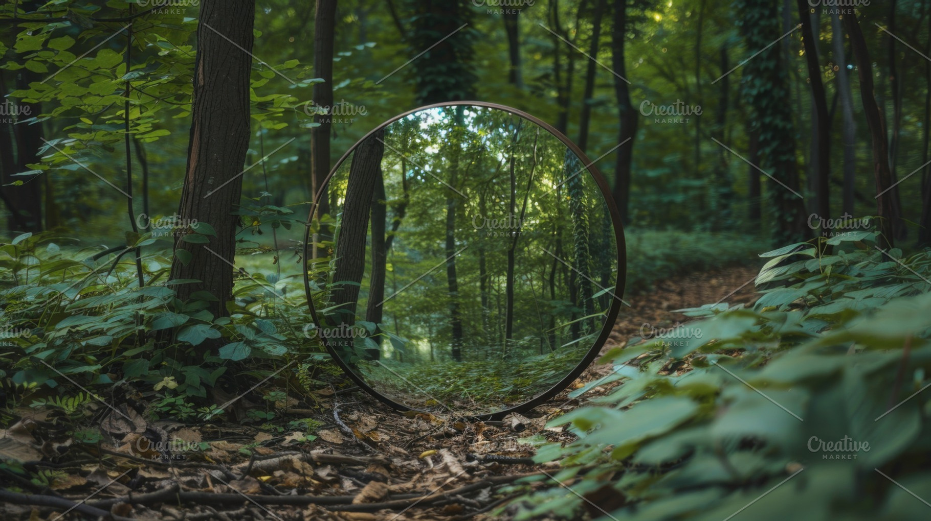 Round mirror in the forest, a Nature Photo by Handmadefont