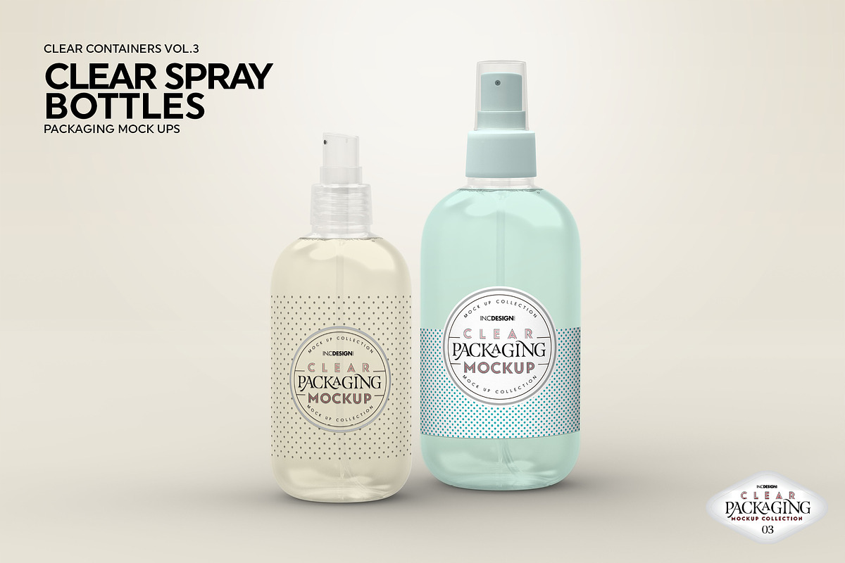 Clear Spray Bottles Packaging Mockup, a Cups & Container Mockup by INCDesign (Photo 5 of 9)