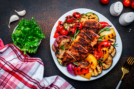 Grilled vegetables and chicken fillet salad. Paprika, zucchini,, a Food & Drink Photo by 5PH