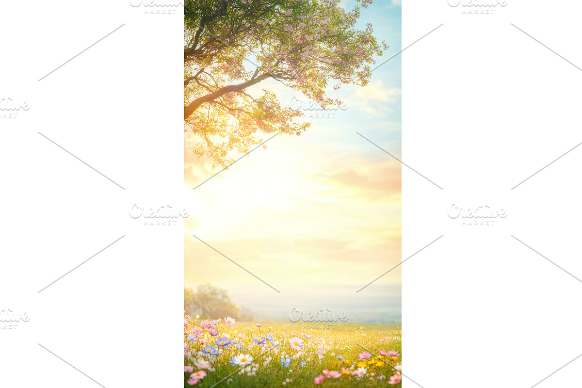 Serene spring meadow at sunrise with, an Illustration by Lermont51
