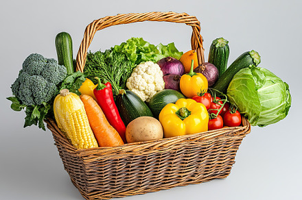 Wicker basket full of different grocery products on grey background, a Food & Drink Photo by AlyaAnd