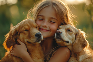 Girl hugs two Golden Retrievers outd, an Animal Photo by Pixeness Studio