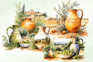 Watercolor Olive Clay Jugs Clipart