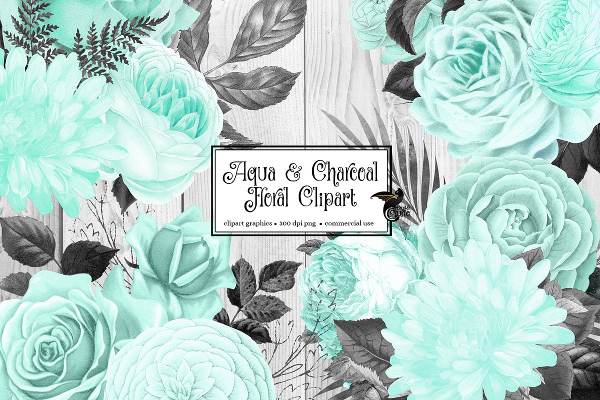 Aqua and Charcoal Floral Clipart, an Illustration by Digital Curio