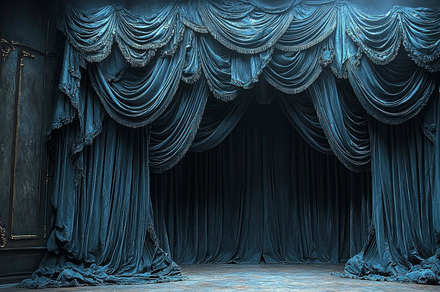 Elegant dark stage curtains with ornate fabric details in moody lighting, an Illustration by AS photostudio
