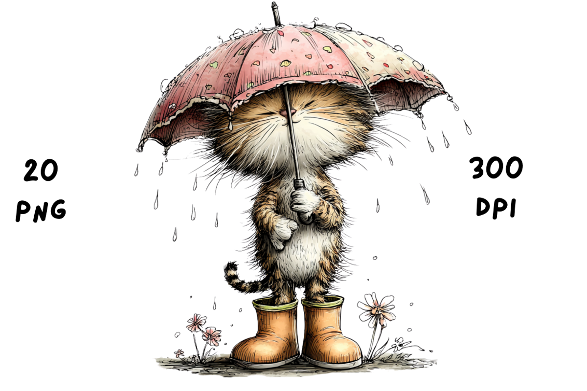 Whimsical Funny Rainy Cat Clipart, an Animal Illustration by GiraffeCreative (Photo 18 of 20)