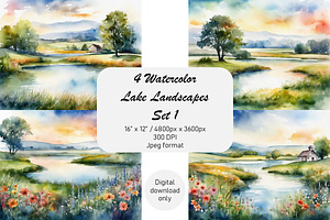 Watercolor Lake Landscapes Set 1