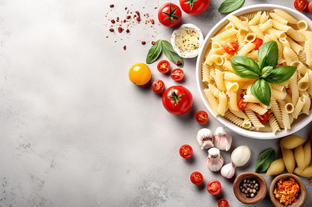 Tasty pasta with tomatoes and basil leafs in plate. Generative AI, a Food & Drink Photo by AlyaAnd